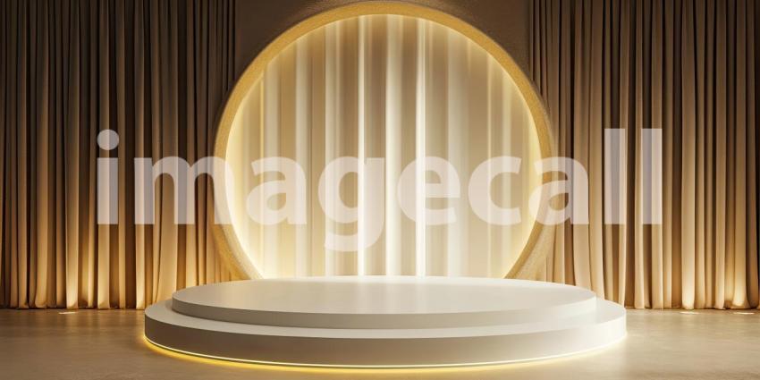 Minimalist elegant themed podium stage round background, a sleek and simple podium on a circular stage, bathed in soft lighting, with clean lines and an elegant, understated design that creates a sophisticated, modern atmosphere.