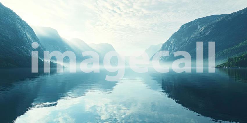 Misty mountainside over calm waters background, soft mist rolling over the rugged mountain peaks, reflecting gently on the tranquil water below, creating a serene and peaceful landscape.