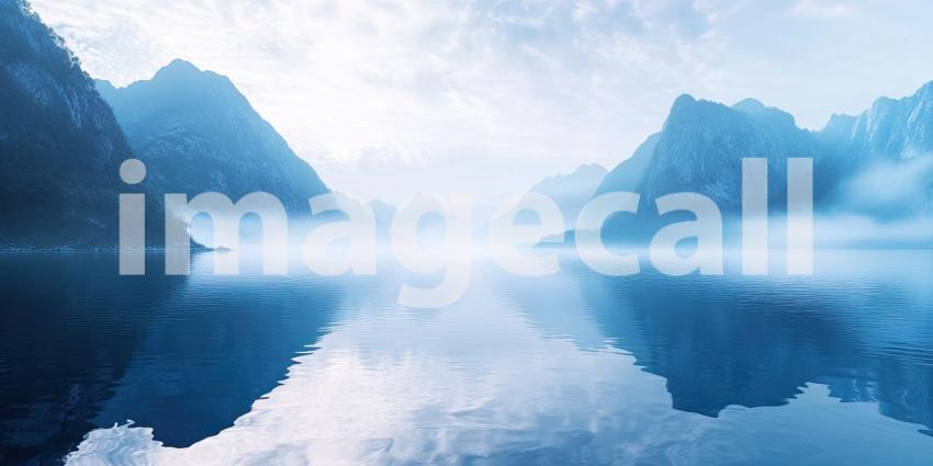 Misty mountainside over calm waters background, soft mist rolling over the rugged mountain peaks, reflecting gently on the tranquil water below, creating a serene and peaceful landscape.