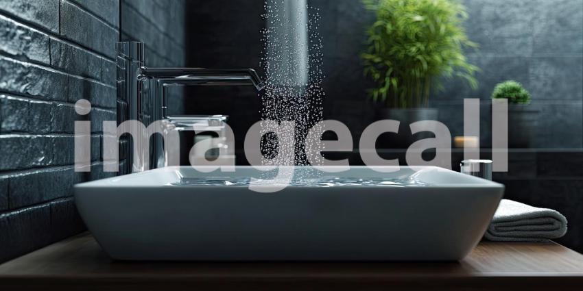 Modern bathroom sink with flowing water background, sleek, contemporary design with a gentle stream of water cascading from a polished faucet, creating a clean, refreshing ambiance.