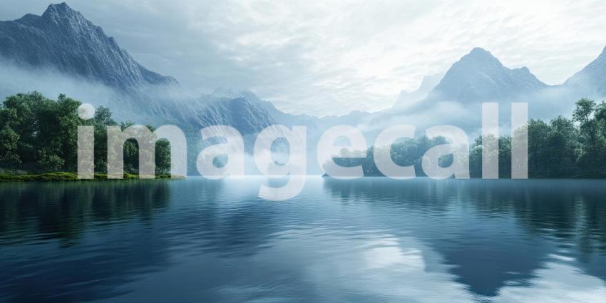 Misty mountainside over calm waters background, soft mist rolling over the rugged mountain peaks, reflecting gently on the tranquil water below, creating a serene and peaceful landscape.