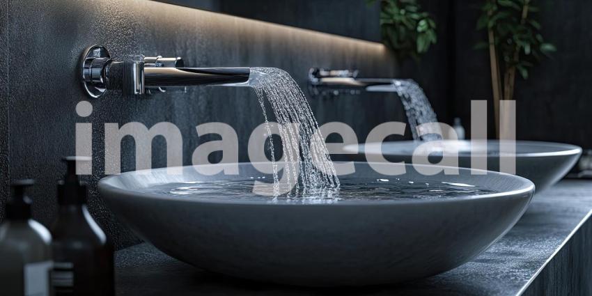 Modern bathroom sink with flowing water background, sleek, contemporary design with a gentle stream of water cascading from a polished faucet, creating a clean, refreshing ambiance.
