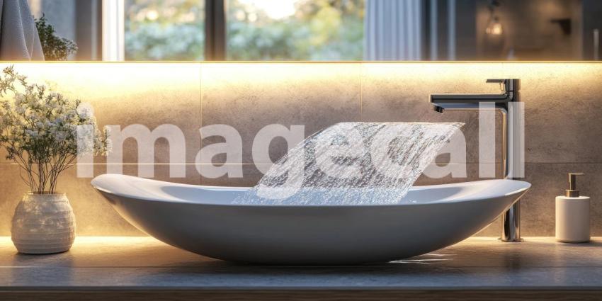 Modern bathroom sink with flowing water background, sleek, contemporary design with a gentle stream of water cascading from a polished faucet, creating a clean, refreshing ambiance.