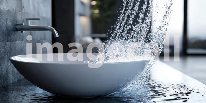 Modern bathroom sink with flowing water background, sleek, contemporary design with a gentle stream of water cascading from a polished faucet, creating a clean, refreshing ambiance.