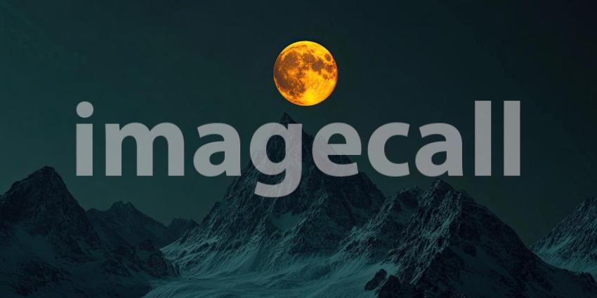 Mountain peak under a full moon background, the towering silhouette of a mountain against a clear night sky, illuminated by the soft, glowing light of a full moon, creating a peaceful and majestic scene.