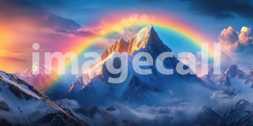 Mountain Landscape with Vibrant Rainbow Above Snow-Covered Peak Background, Majestic Snow-Capped Mountains Beneath a Brilliant Rainbow in the Sky