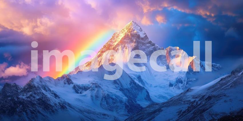 Mountain Landscape with Vibrant Rainbow Above Snow-Covered Peak Background, Majestic Snow-Capped Mountains Beneath a Brilliant Rainbow in the Sky