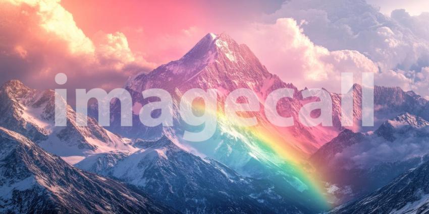 Mountain Landscape with Vibrant Rainbow Above Snow-Covered Peak Background, Majestic Snow-Capped Mountains Beneath a Brilliant Rainbow in the Sky