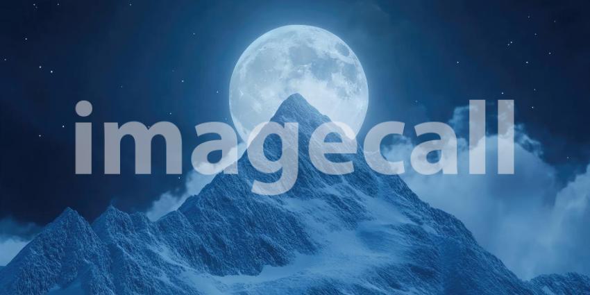Mountain peak under a full moon background, the towering silhouette of a mountain against a clear night sky, illuminated by the soft, glowing light of a full moon, creating a peaceful and majestic scene.