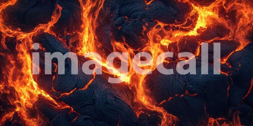 Molten lava flows background, glowing orange and red streams of lava cascading down rocky surfaces, emitting intense heat and light, creating a dramatic and fiery scene.