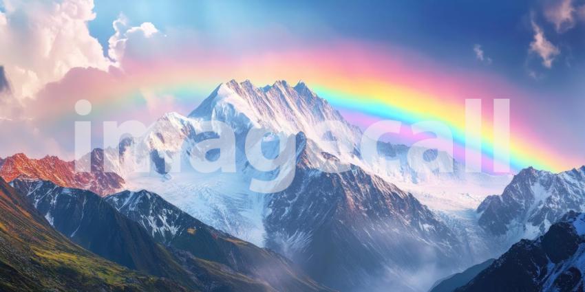 Mountain Landscape with Vibrant Rainbow Above Snow-Covered Peak Background, Majestic Snow-Capped Mountains Beneath a Brilliant Rainbow in the Sky