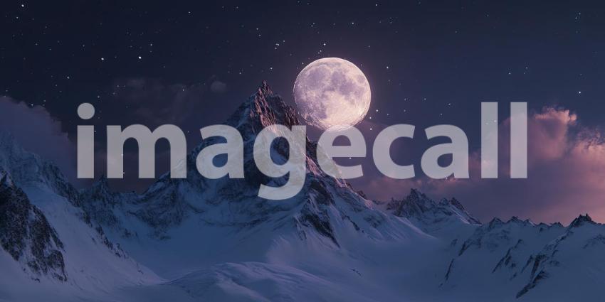 Mountain peak under a full moon background, the towering silhouette of a mountain against a clear night sky, illuminated by the soft, glowing light of a full moon, creating a peaceful and majestic scene.