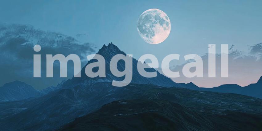 Mountain peak under a full moon background, the towering silhouette of a mountain against a clear night sky, illuminated by the soft, glowing light of a full moon, creating a peaceful and majestic scene.