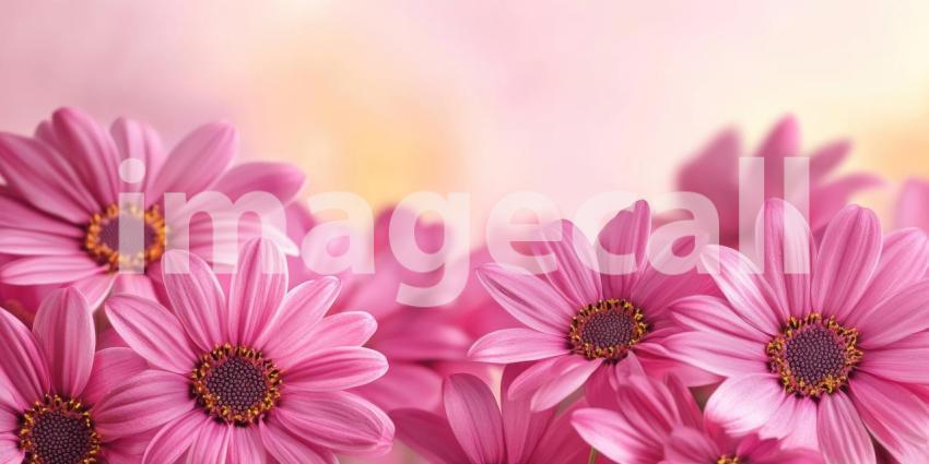 Multiple blooming pink daisies in the lower frame corner with copy space for text background, vibrant pink flowers arranged in the corner, leaving ample room above for text or messaging, creating a fresh and inviting atmosphere.