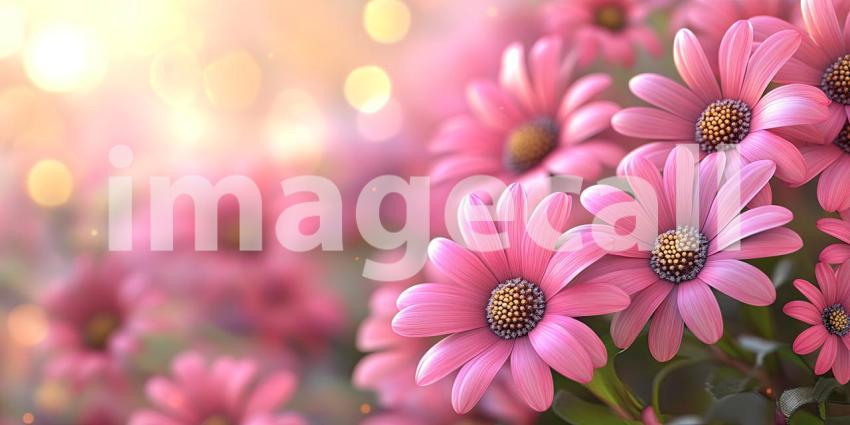 Multiple blooming pink daisies in the lower frame corner with copy space for text background, vibrant pink flowers arranged in the corner, leaving ample room above for text or messaging, creating a fresh and inviting atmosphere.