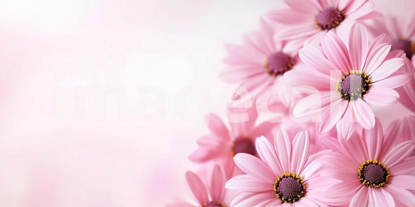 Multiple blooming pink daisies in the lower frame corner with copy space for text background, vibrant pink flowers arranged in the corner, leaving ample room above for text or messaging, creating a fresh and inviting atmosphere.