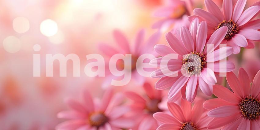 Multiple blooming pink daisies in the lower frame corner with copy space for text background, vibrant pink flowers arranged in the corner, leaving ample room above for text or messaging, creating a fresh and inviting atmosphere.