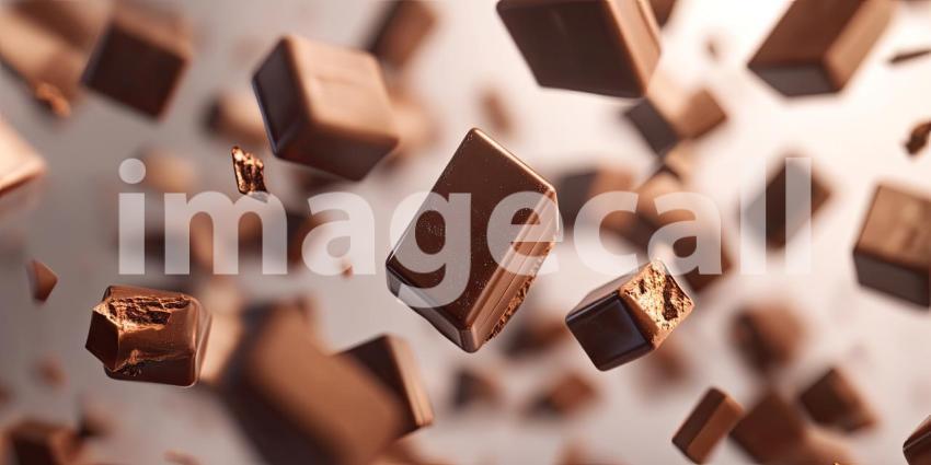 Multiple chocolate bar pieces flying in the air background, chunks of rich, glossy chocolate breaking apart and floating against a smooth backdrop, creating a dynamic and indulgent scene full of movement and texture.