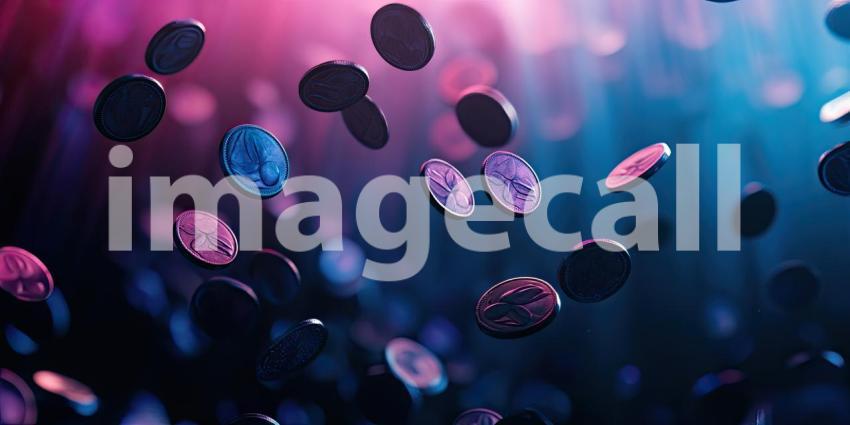 Small plants sprouting from stacks of coins background, delicate green shoots emerging from piles of shiny coins, symbolizing growth, prosperity, and financial success, set against a neutral or soft backdrop to highlight the contrast.