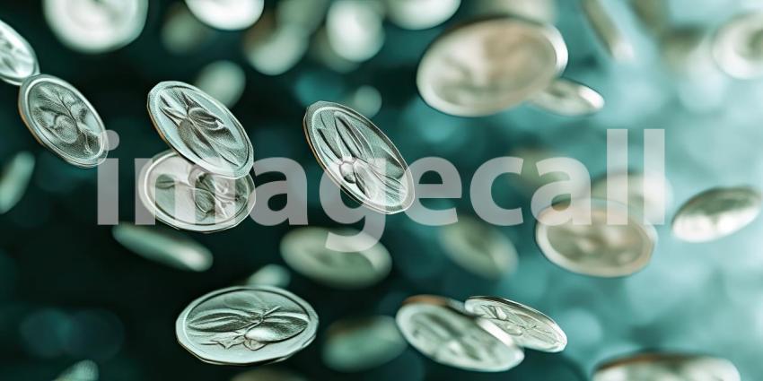 Small plants sprouting from stacks of coins background, delicate green shoots emerging from piles of shiny coins, symbolizing growth, prosperity, and financial success, set against a neutral or soft backdrop to highlight the contrast.