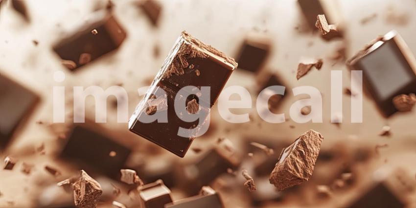 Multiple chocolate bar pieces flying in the air background, chunks of rich, glossy chocolate breaking apart and floating against a smooth backdrop, creating a dynamic and indulgent scene full of movement and texture.