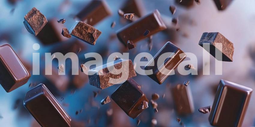 Multiple chocolate bar pieces flying in the air background, chunks of rich, glossy chocolate breaking apart and floating against a smooth backdrop, creating a dynamic and indulgent scene full of movement and texture.