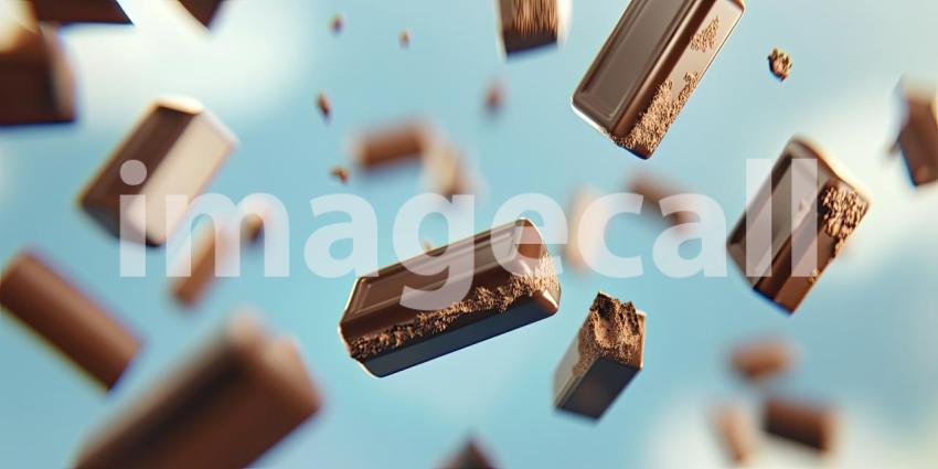 Multiple chocolate bar pieces flying in the air background, chunks of rich, glossy chocolate breaking apart and floating against a smooth backdrop, creating a dynamic and indulgent scene full of movement and texture.