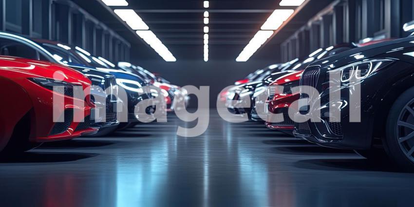 Row of cars on an assembly line background, neatly aligned vehicles moving through the production process, with workers and machinery in the backdrop, highlighting the industrial setting.