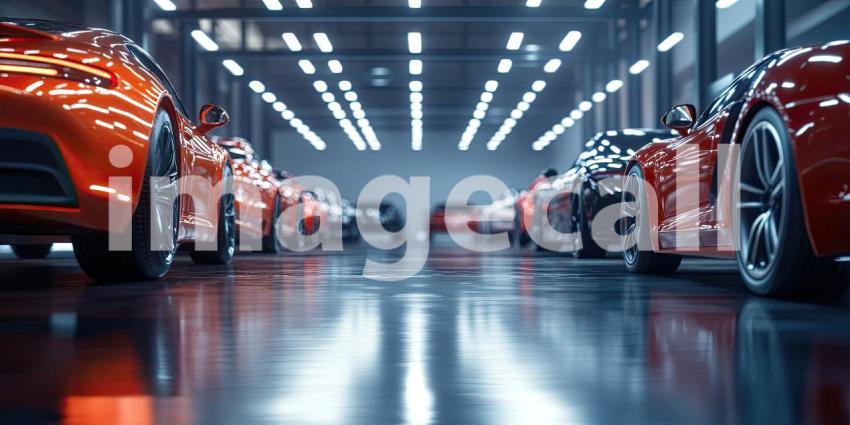 Row of cars on an assembly line background, neatly aligned vehicles moving through the production process, with workers and machinery in the backdrop, highlighting the industrial setting.