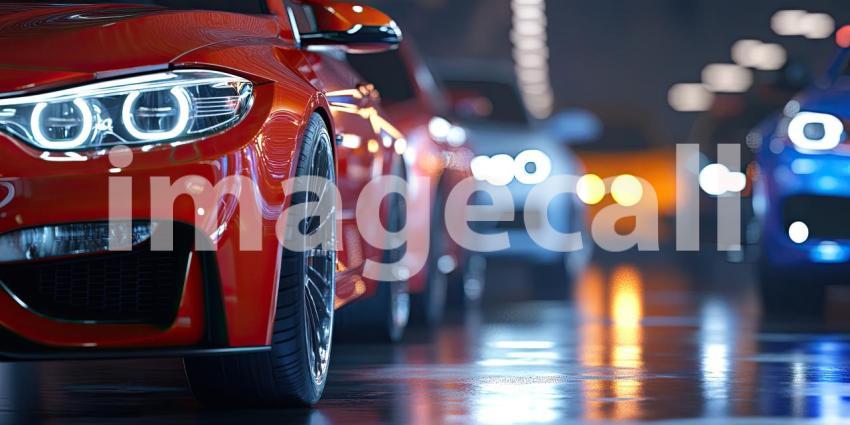 Row of cars on an assembly line background, neatly aligned vehicles moving through the production process, with workers and machinery in the backdrop, highlighting the industrial setting.