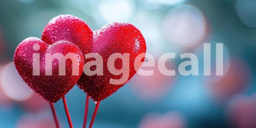 Heart-shaped balloons floating in a field background, vibrant red and pink balloons drifting in the air over a lush green field, creating a romantic and whimsical atmosphere, perfect for Valentines Day or a love-themed setting.