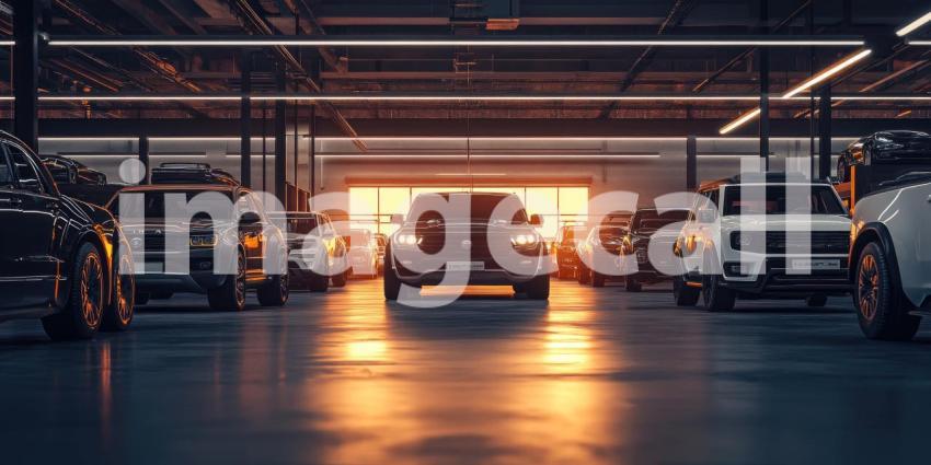 Row of cars on an assembly line background, neatly aligned vehicles moving through the production process, with workers and machinery in the backdrop, highlighting the industrial setting.
