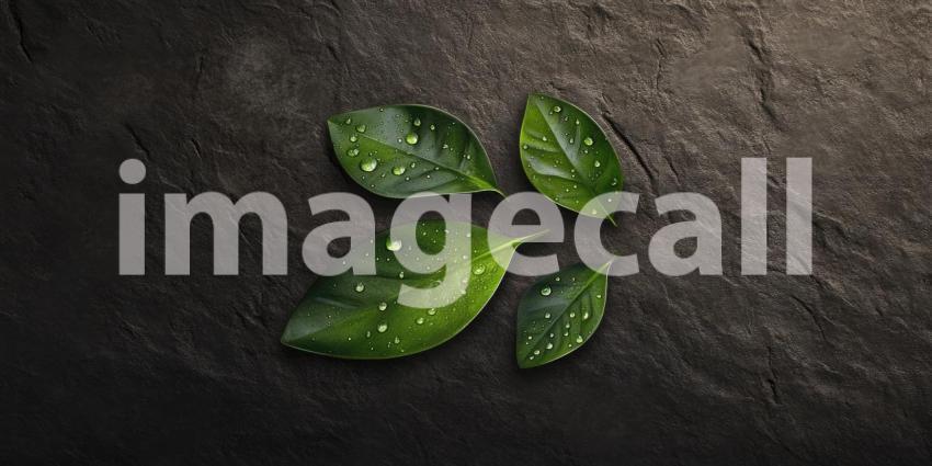Natural leaves with water droplets on a dark textured surface background, vibrant green leaves adorned with glistening water droplets, set against a rich, textured dark surface, creating a fresh and serene natural scene with a touch of elegance.