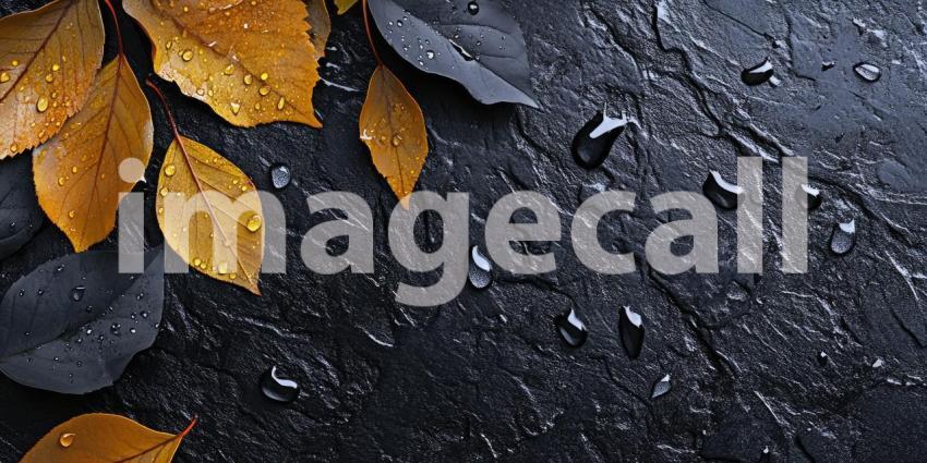 Natural leaves with water droplets on a dark textured surface background, vibrant green leaves adorned with glistening water droplets, set against a rich, textured dark surface, creating a fresh and serene natural scene with a touch of elegance.