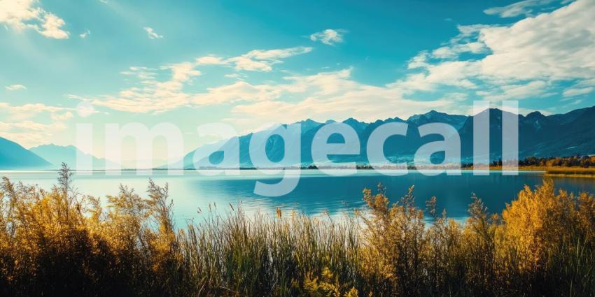 Natural scene with mountains and lakes background, majestic mountains towering in the distance, their peaks reflected in the calm waters of a serene lake, surrounded by lush greenery, creating a peaceful and awe-inspiring landscape.