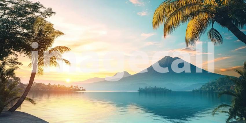 Natural scene with mountains and lakes background, majestic mountains towering in the distance, their peaks reflected in the calm waters of a serene lake, surrounded by lush greenery, creating a peaceful and awe-inspiring landscape.