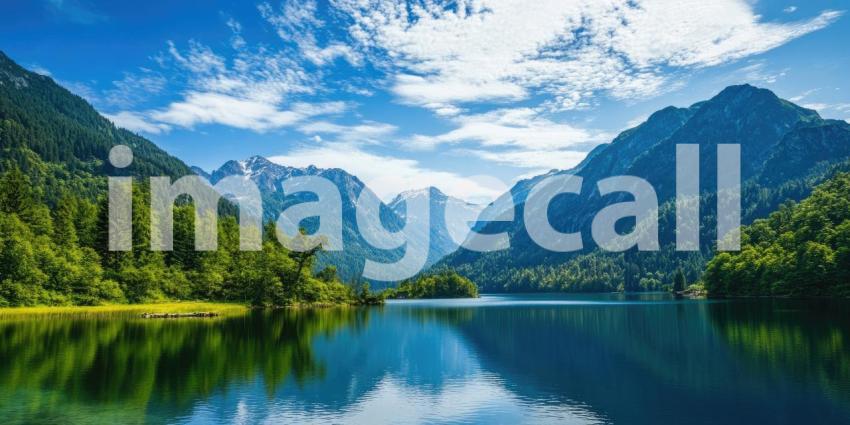 Natural scene with mountains and lakes background, majestic mountains towering in the distance, their peaks reflected in the calm waters of a serene lake, surrounded by lush greenery, creating a peaceful and awe-inspiring landscape.