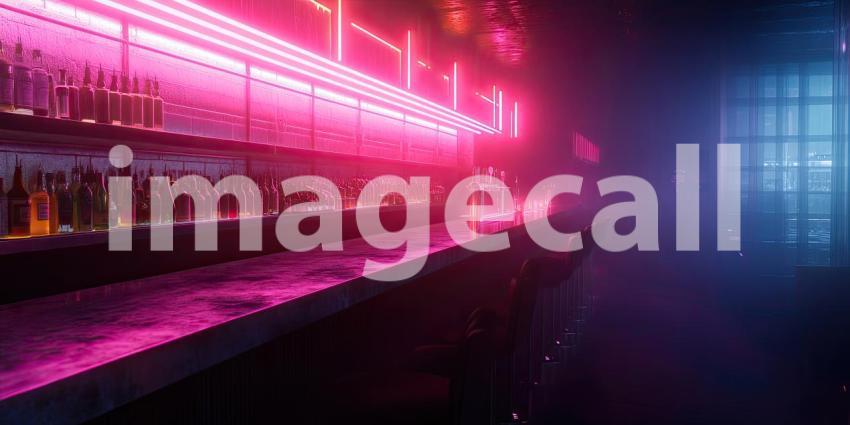 Neon Light Bar in Misty Dark Room Background, Vibrant Neon Lights Illuminating a Foggy, Moody Atmosphere in a Dimly Lit Room
