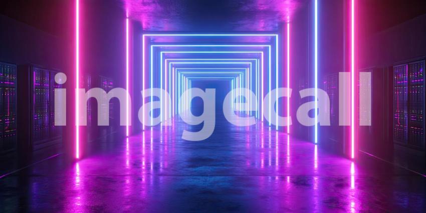 Neon lights illuminate a data server room background, glowing brightly against rows of servers and cables, creating a high-tech and futuristic atmosphere in a dark, modern environment.