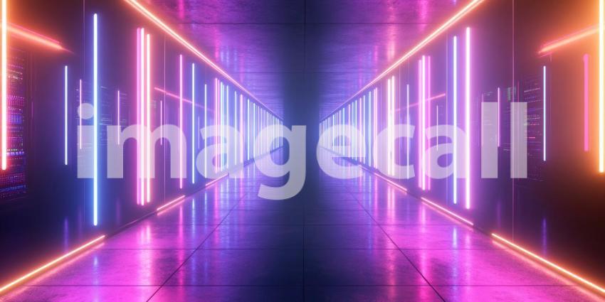 Neon lights illuminate a data server room background, glowing brightly against rows of servers and cables, creating a high-tech and futuristic atmosphere in a dark, modern environment.