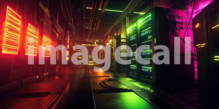 Neon lights illuminate a data server room background, glowing brightly against rows of servers and cables, creating a high-tech and futuristic atmosphere in a dark, modern environment.