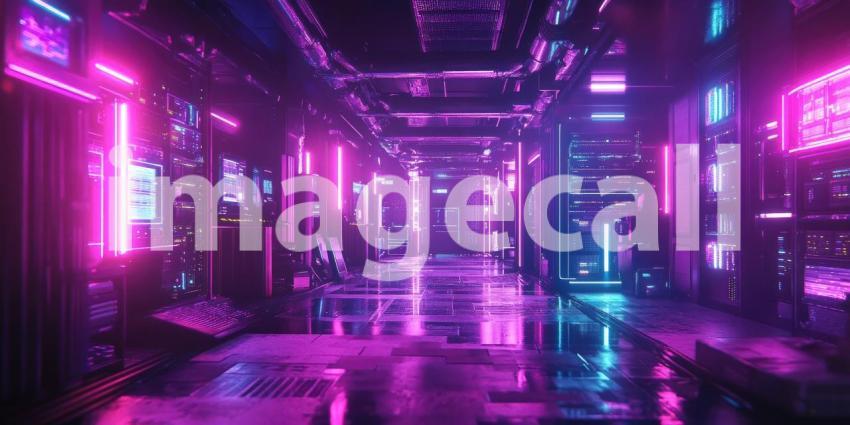 Neon lights illuminate a data server room background, glowing brightly against rows of servers and cables, creating a high-tech and futuristic atmosphere in a dark, modern environment.