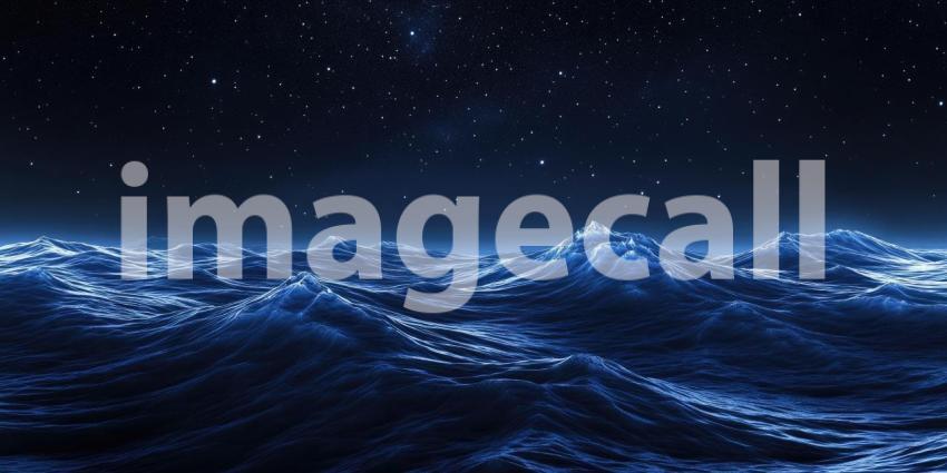 Nightscape with Smooth Undulating Blue Waves Under Starry Sky Background, Serene Ocean Waves Gently Rolling Beneath a Beautiful Starry Night Sky