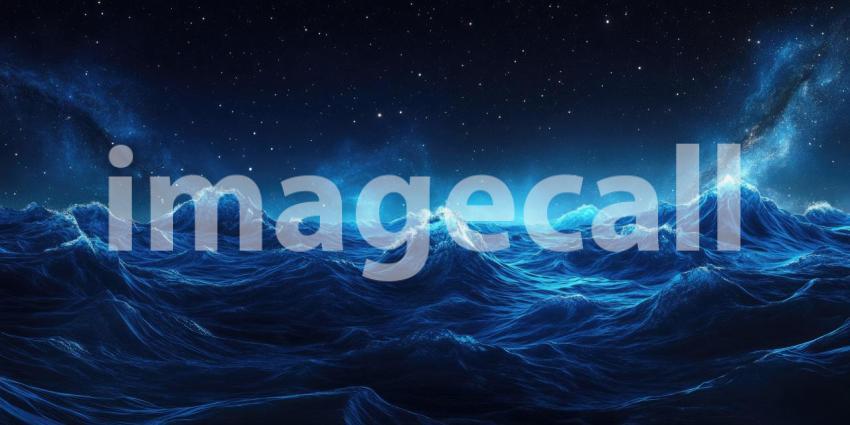 Nightscape with Smooth Undulating Blue Waves Under Starry Sky Background, Serene Ocean Waves Gently Rolling Beneath a Beautiful Starry Night Sky