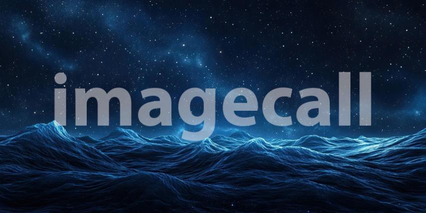 Nightscape with Smooth Undulating Blue Waves Under Starry Sky Background, Serene Ocean Waves Gently Rolling Beneath a Beautiful Starry Night Sky