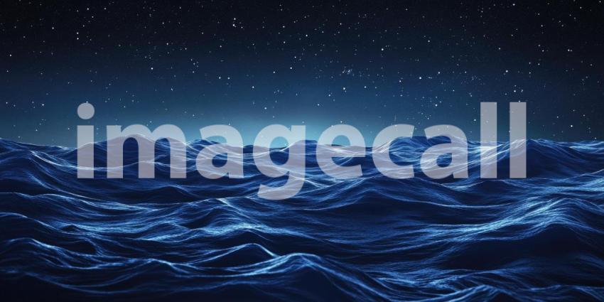 Nightscape with Smooth Undulating Blue Waves Under Starry Sky Background, Serene Ocean Waves Gently Rolling Beneath a Beautiful Starry Night Sky