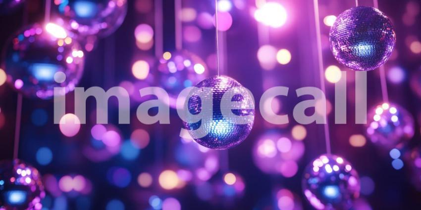 Party disco balls hanging from the ceiling in a club background, reflecting colorful lights and creating a vibrant, energetic atmosphere as the lights bounce off the shimmering surfaces, setting the stage for a lively dance party.