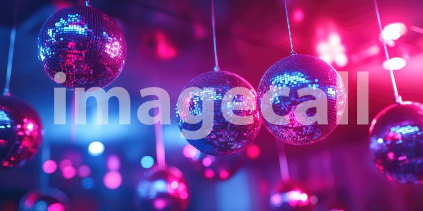Party disco balls hanging from the ceiling in a club background, reflecting colorful lights and creating a vibrant, energetic atmosphere as the lights bounce off the shimmering surfaces, setting the stage for a lively dance party.