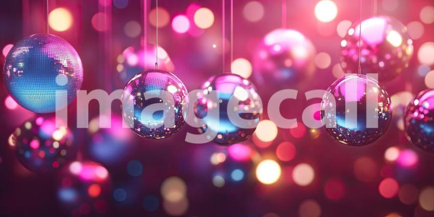 Party disco balls hanging from the ceiling in a club background, reflecting colorful lights and creating a vibrant, energetic atmosphere as the lights bounce off the shimmering surfaces, setting the stage for a lively dance party.