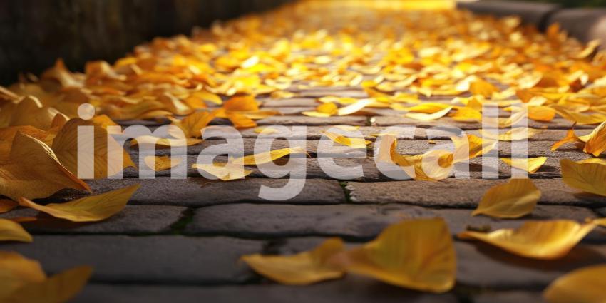 Path lined with fallen yellow leaves background, a serene walkway covered with vibrant yellow leaves, creating a peaceful autumn scene with trees lining the path, casting soft shadows in the gentle light.